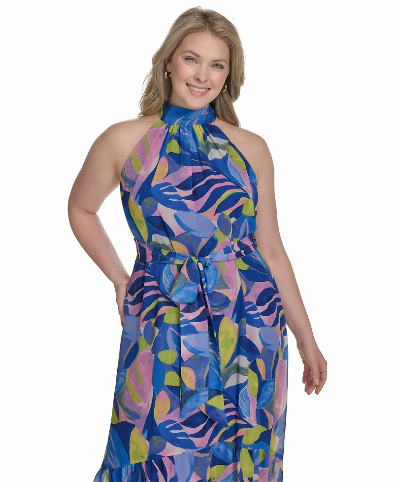 Eliza J Plus Printed Chiffon High-Low Halter Dress