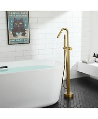 Brushed Gold Floor Mounted Tub Filler Shower Faucet Single Handle Freestanding Bathtub Faucet Bathtub Shower Mixer Tap with Handheld Shower Sprayer