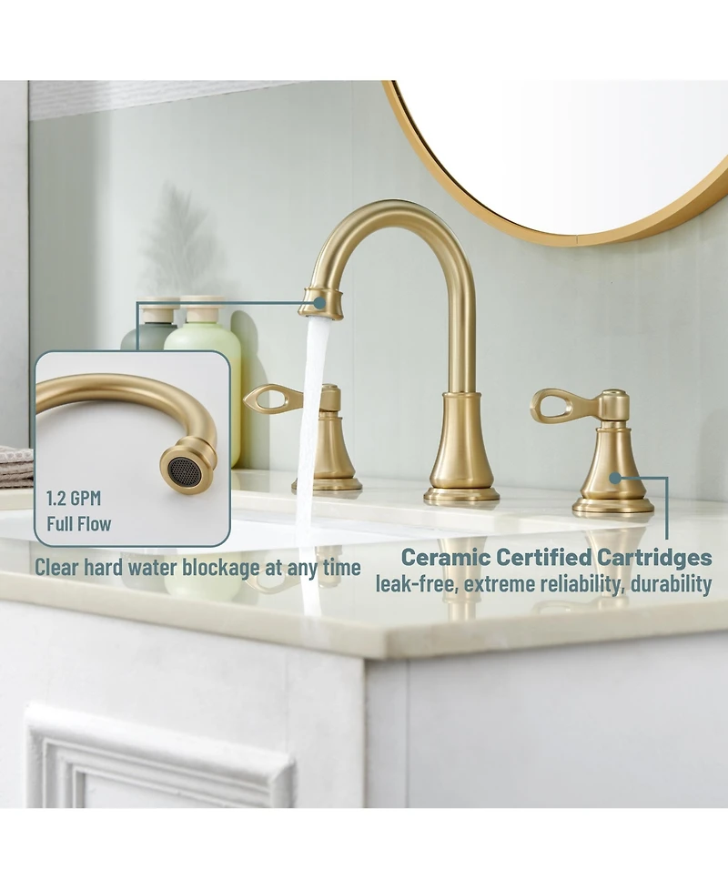 2-Handle Bathroom Sink Faucet with Drain Assembly and Supply Hose Lavatory Mixer Double Handle Tap Deck Mounted, Brushed Gold