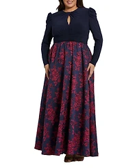 Mac Duggal Plus Long Sleeve Keyhole Knot Neck Floral Bottom Gown