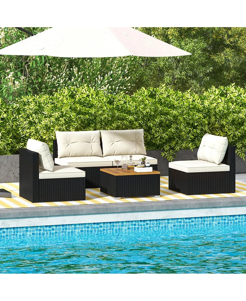 Gymax 5 Pcs Rattan Sofa Set Outdoor Wicker Furniture Set w/ Back Cushions & Square Coffee Table