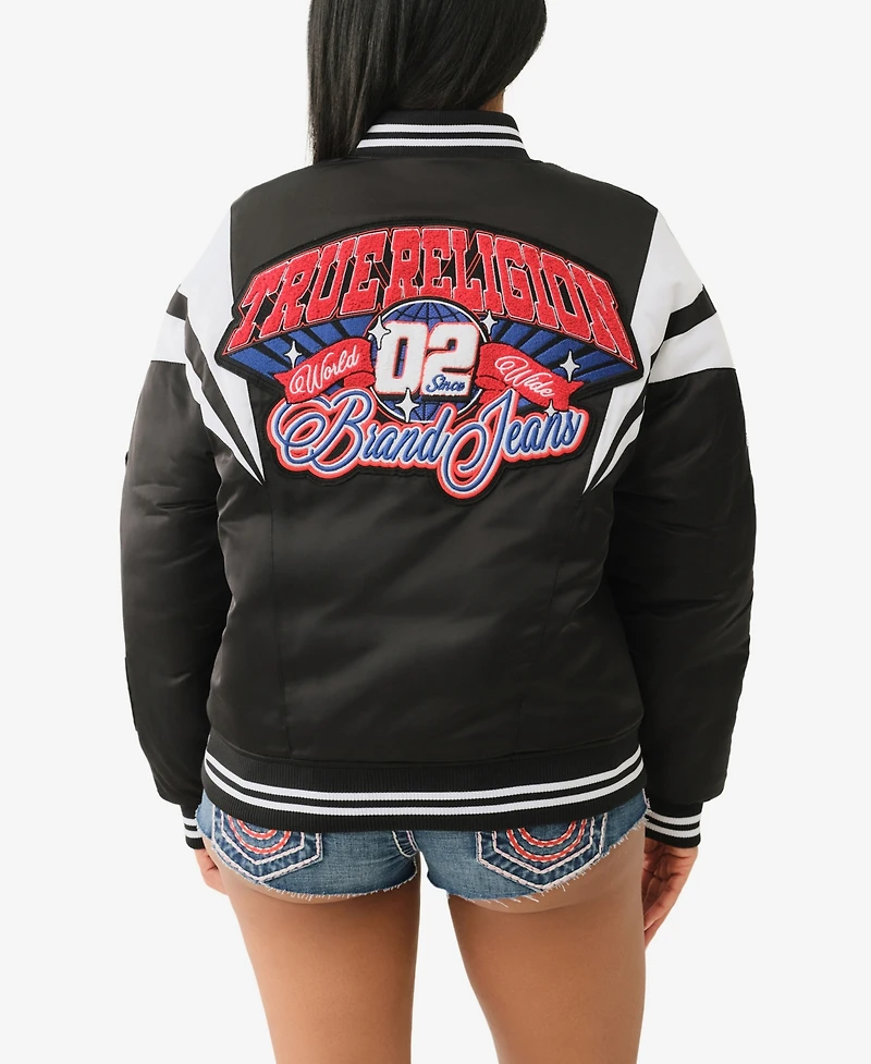 True Religion Women's Satin Oversized Varsity Bomber Jacket