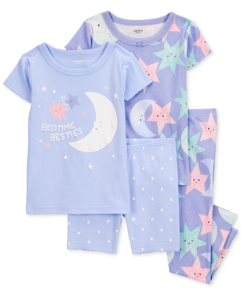Carter's Toddler Girls Moon & Stars 100% Snug-Fit Cotton Pajamas, 4 Piece Set
