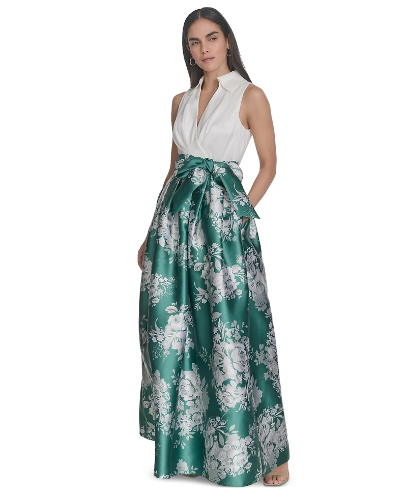 Jessica Howard Petite Mixed-Media V-Neck Pleated Gown