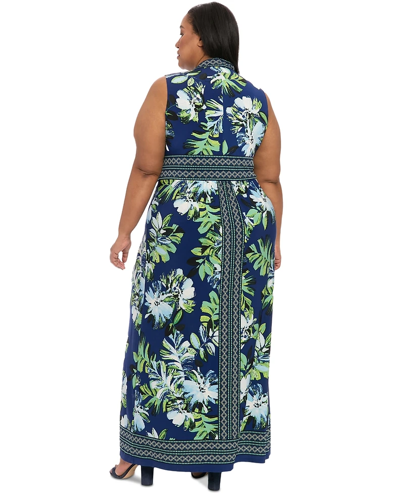 London Times Plus Border-Print V-Neck Maxi Dress