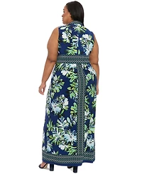 London Times Plus Border-Print V-Neck Maxi Dress