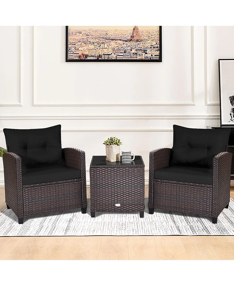 Gymax 3PCS Outdoor Patio Rattan Conversation Set Garden Yard w/ Cushions Coffee Table