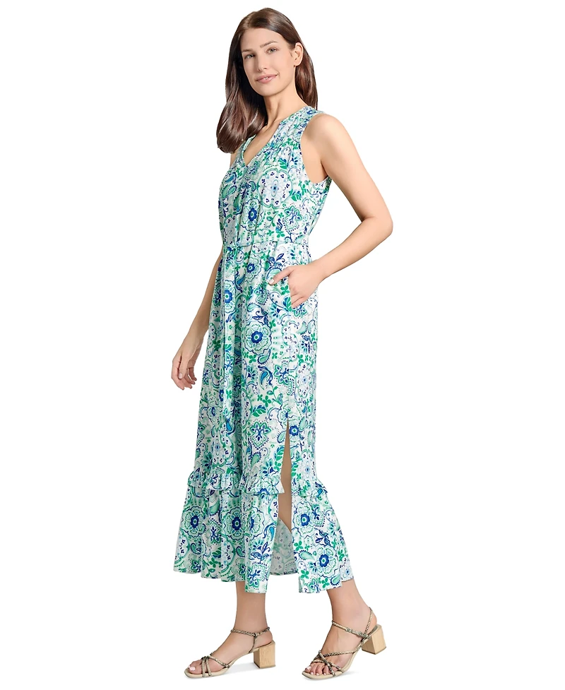 Jones New York Petite Side-Slit Printed Ruffle Dress