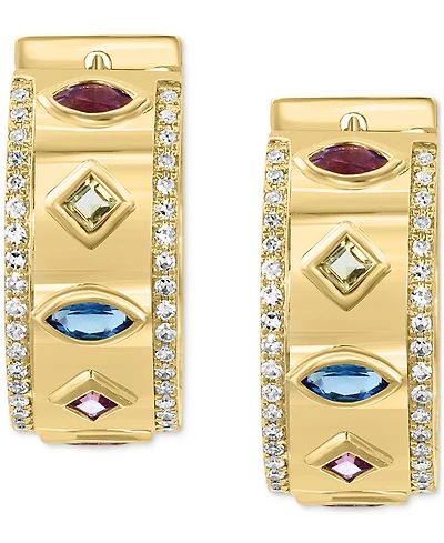 Effy Multi-Gemstone (3/4 ct. t.w.) & Diamond (1/4 ct. t.w.) Small Hoop Earrings in 14k Gold, 0.71"