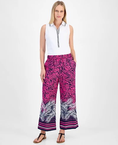 Nautica Jeans Women's Palm-Print Wide-Leg Pull-On Pants