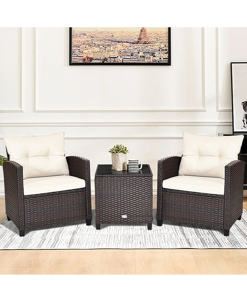 Gymax 3PCS Patio Outdoor Rattan Conversation Set Garden Yard w/ Cushions Coffee Table