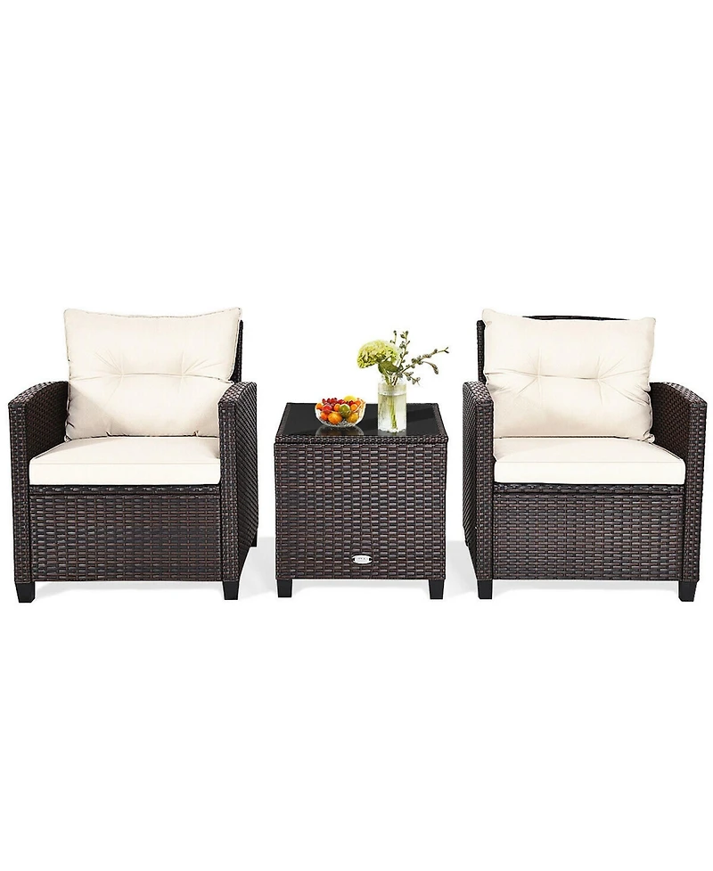 Gymax 3PCS Patio Outdoor Rattan Conversation Set Garden Yard w/ Cushions Coffee Table