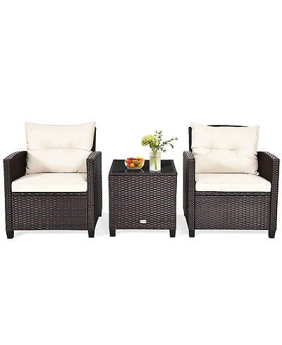 Gymax 3PCS Patio Outdoor Rattan Conversation Set Garden Yard w/ Cushions Coffee Table