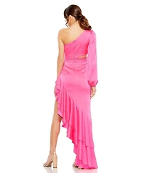 Mac Duggal Women's One Sleeve Cut Out Asymmetrical Ruffled Gown