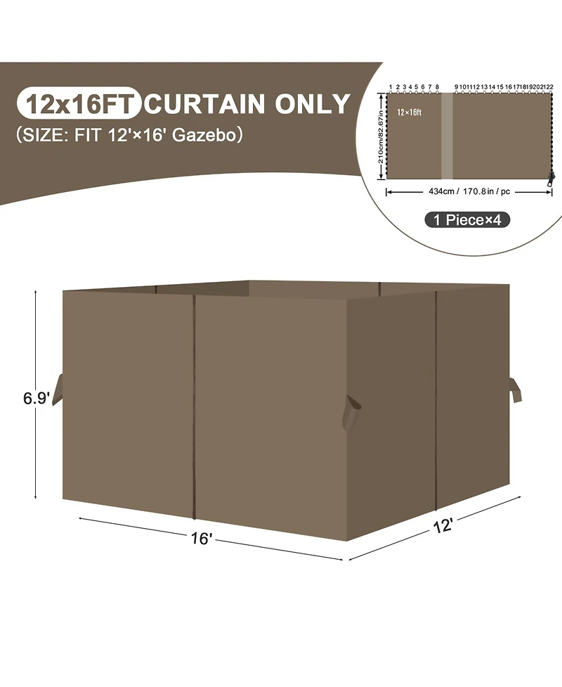 Aoodor 12' x 16' Gazebo Curtain Set Protecting Privacy Side Walls 4 Panels,Curtain Only