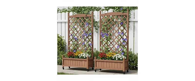Outdoor Patio Wood Raised Garden Bed Planter Box with Trellis, Wheels, Brown, Set of 2