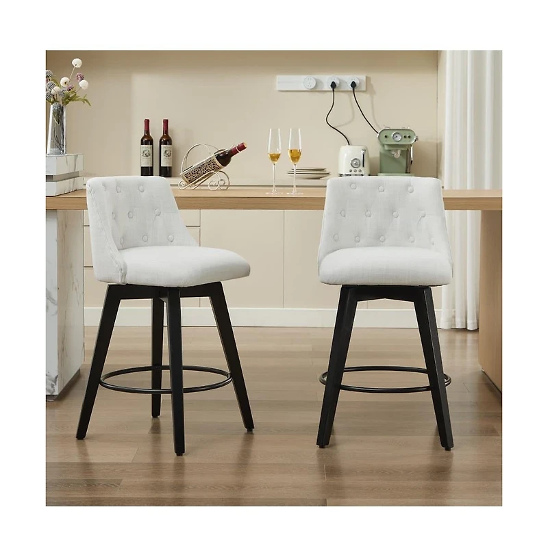 Set of 2 Swivel 25'' Counter Height Stools, Linen Upholstered Kitchen Island Chairs with Tufted Back -The Pop Home