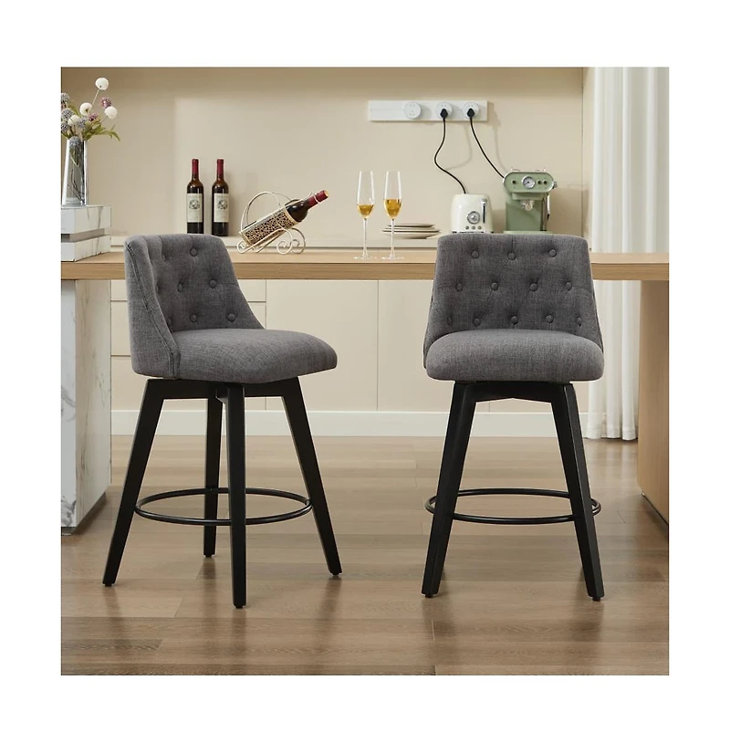 Set of 2 Swivel 25'' Counter Height Stools, Linen Upholstered Kitchen Island Chairs with Tufted Back -The Pop Home