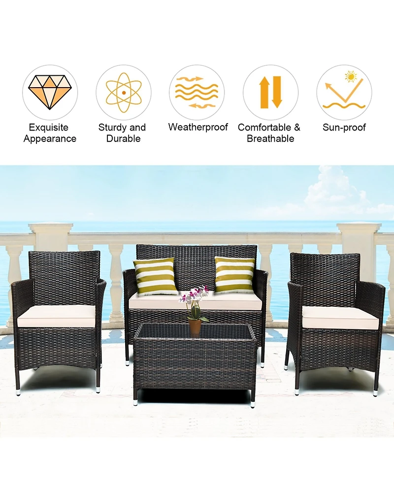 8PCS Rattan Patio Furniture Set Cushioned Sofa Chair Coffee Table