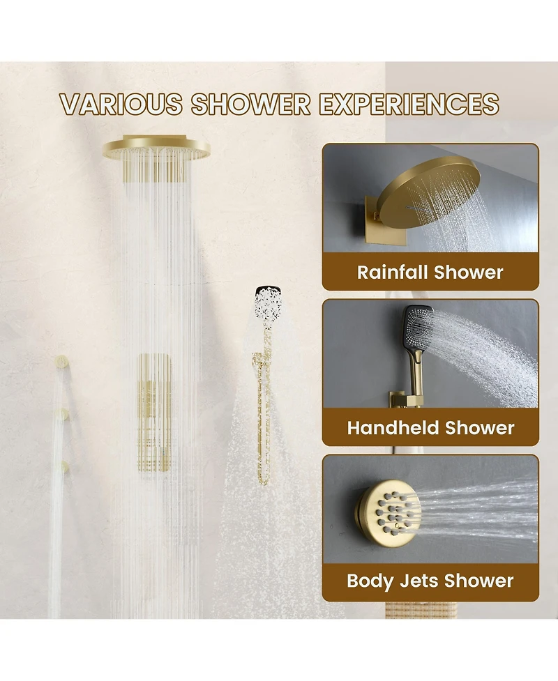 Casainc Two Functions 16 Inch Wall Mounted Thermostatic Shower System With Body Jets 3-functions Handheld