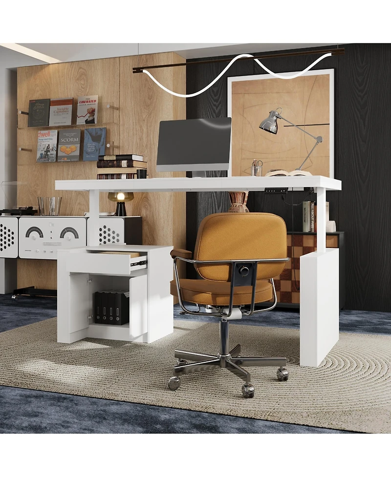 Famapy L-Shaped in. W Adjustable Height Desk Ergonomic Stand-up Desk White Home Office Sit with Memory Preset Controller