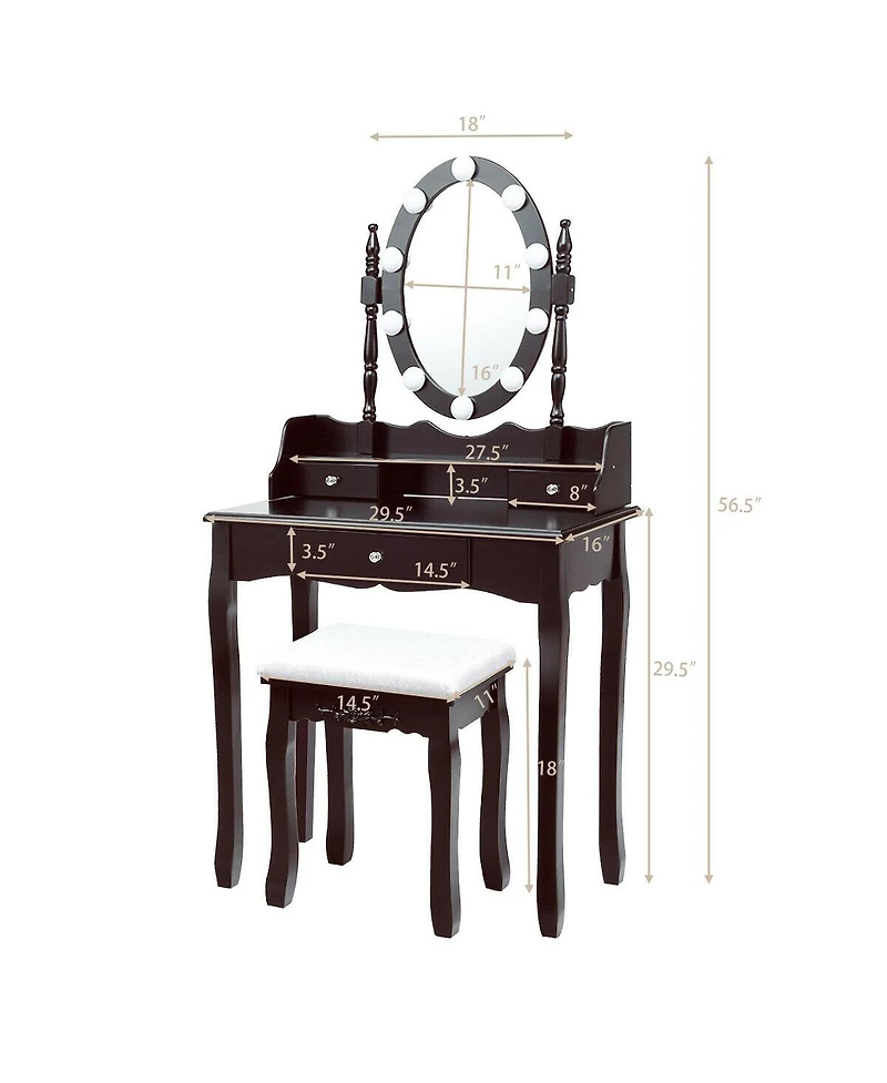 Oval Mirror Vanity Set with 10 Led Dimmable Bulbs and 3 Drawers