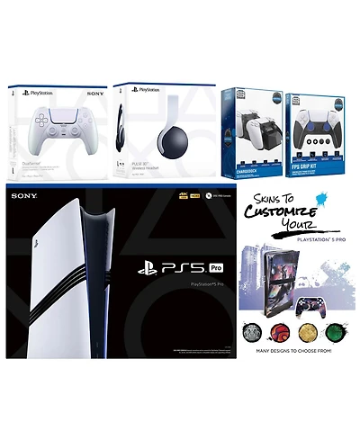 Sony Playstation 5 Pro Bundle with Pulse Headset, Extra Controller, Fps Grip Kit, Dual Charge Dock and MightySkins Decal Voucher Plus 2 Year Cps Exten