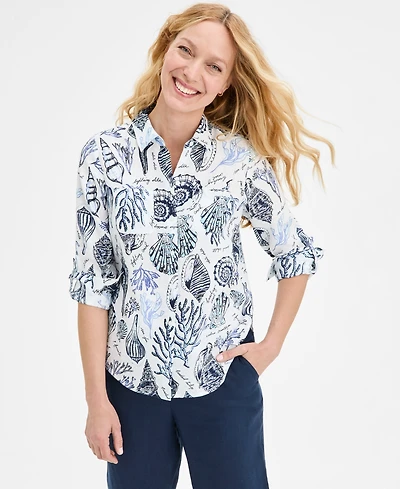 Charter Club Women's Printed 100% Linen Roll-Tab Shirt, Exclusively at Macy's