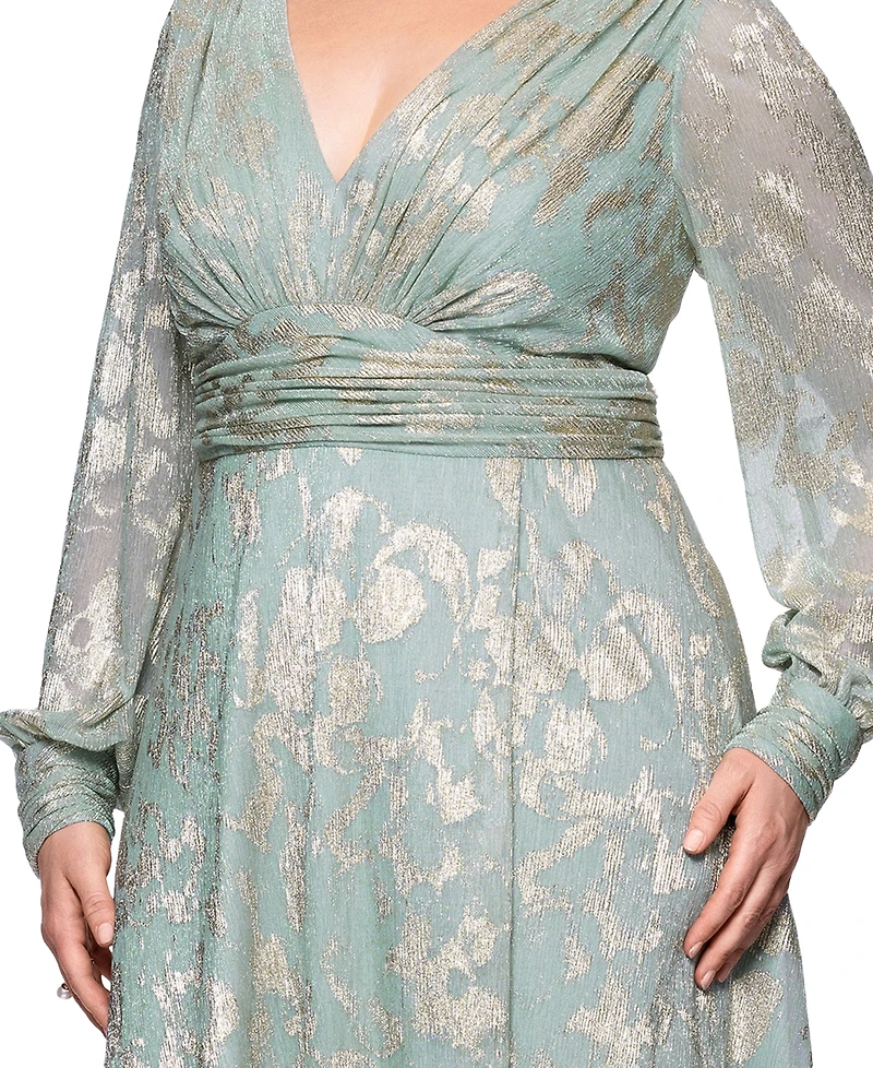 Betsy & Adam Plus V-Neck Foil Mesh A-Line Dress