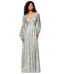 Betsy & Adam Petite V-Neck Long-Sleeve A-Line Gown
