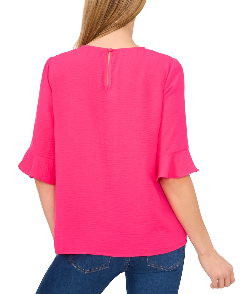 CeCe Women's Textured Ruffled-Cuff 3/4-Sleeve Crew Neck Blouse