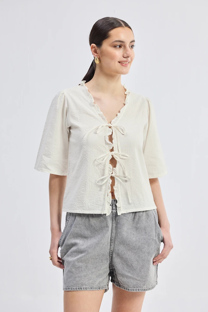 Reistor Women's Relaxed Fit Top With Ruffles and Front-Ties Cream