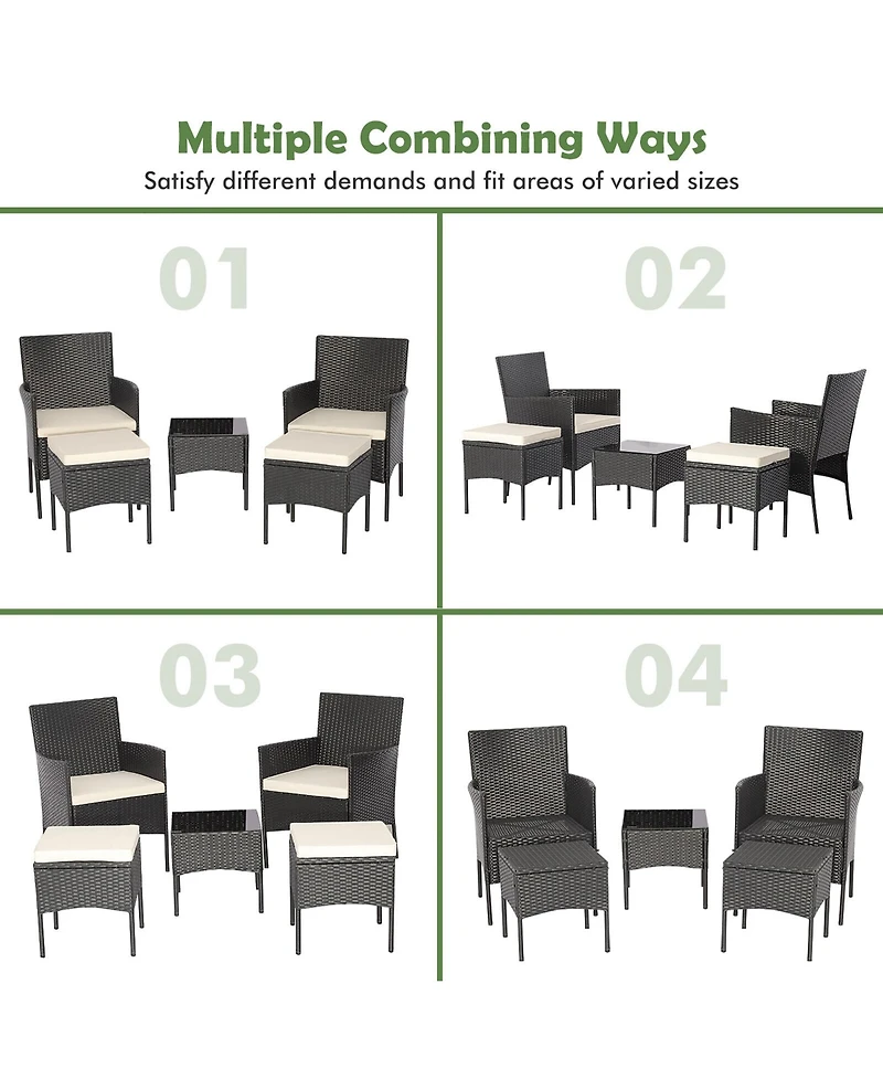 Gymax 5 Piece Patio Rattan Conversation Set Outdoor Wicker Sofa Set with 2 Ottomans