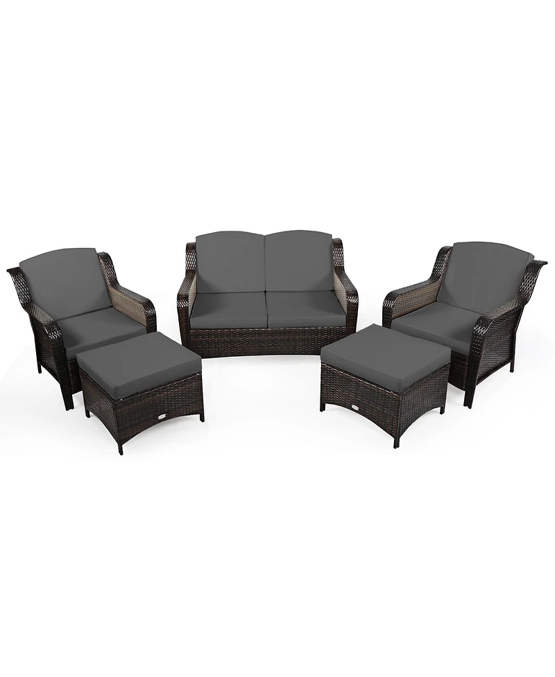 Gymax 5 Piece Outdoor Patio Rattan Conversation Sofa Furniture Set w/ Cushions
