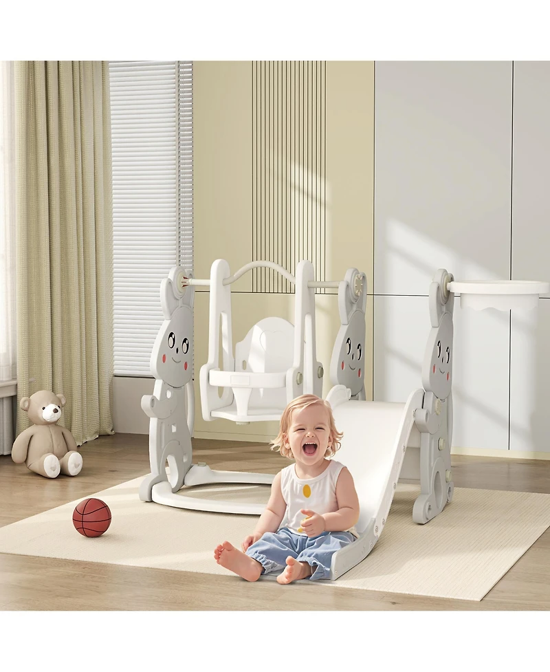 Qaba 4 1 Toddler Slide and Swing Set w/ Climber, Basketball Hoop,