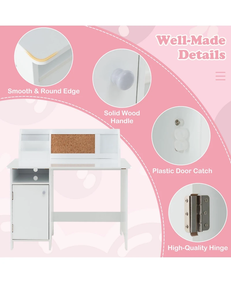 Wooden Kids Study Desk and Chair Set with Storage Cabinet and Bulletin Board