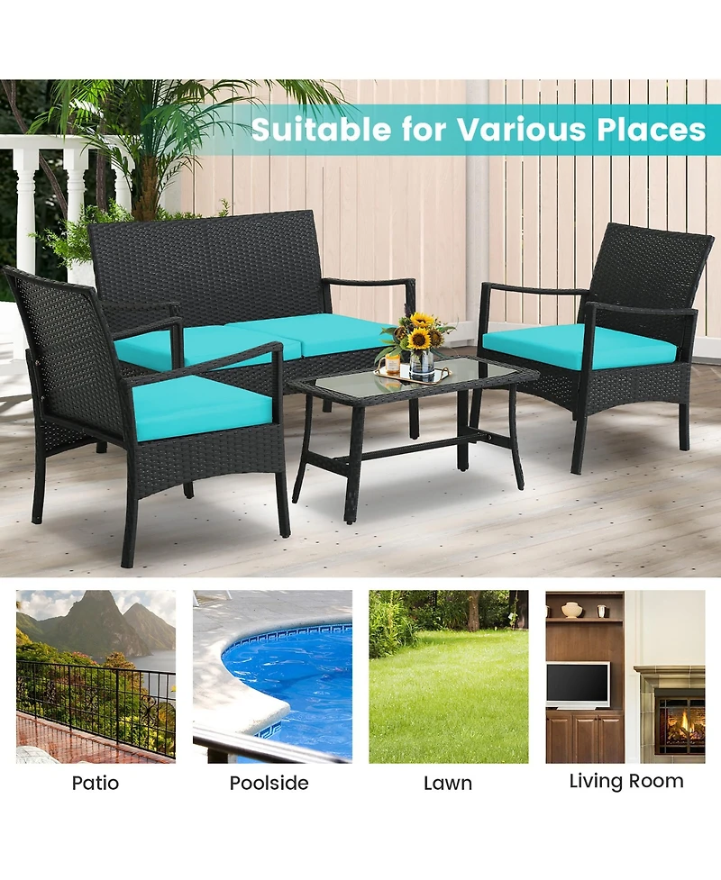 Gymax Piece Outdoor Pe Wicker Furniture Conversation Set Patio Rattan w/ Table Sofa Chair