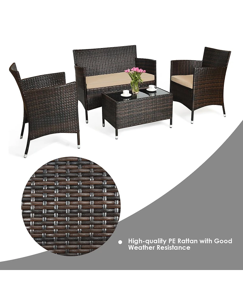 Gymax Set of 4 Outdoor Patio Rattan Conversation Furniture Set w/ Cushion Table