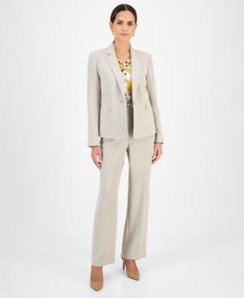 Kasper Womens Notched Collar Blazer Cowlneck Top Crepe Pants Regular Petite