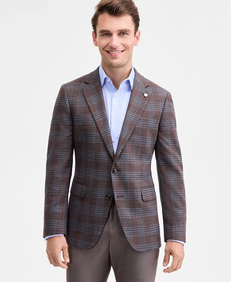 Ted by Baker Men's Modern-Fit Brown Blue Plaid Sport Coat