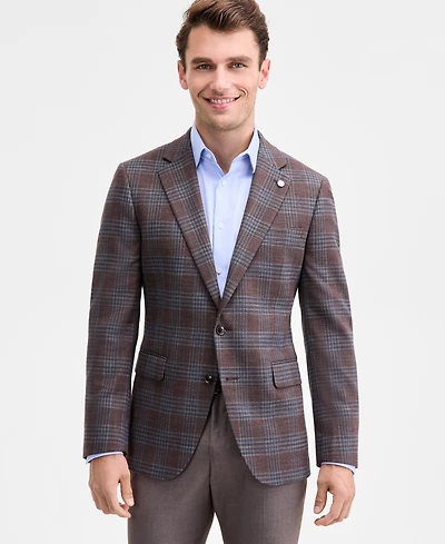 Ted by Baker Men's Modern-Fit Brown Blue Plaid Sport Coat