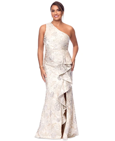 Xscape Petite One-Shoulder Metallic Jacquard Gown