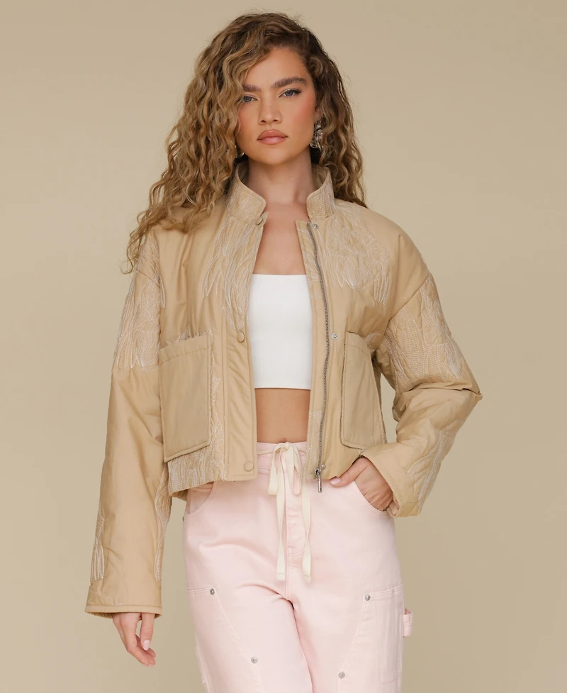 Avec Les Filles Women's Cotton Embroidered Cropped Jacket