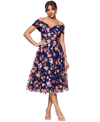 Xscape Women's Off-The-Shoulder Embroidered Floral Dress