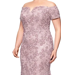 Xscape Plus Size Short-Sleeve Lace Off-The-Shoulder Gown