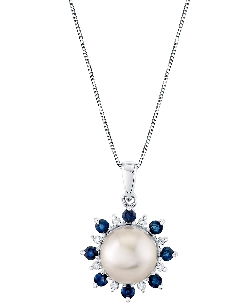 Cultured Freshwater Pearl (9mm), Blue Sapphire (5/8 ct. t.w.) & Diamond 18" Pendant Necklace in 14k White Gold