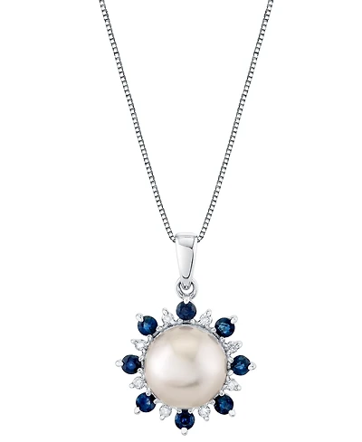 Cultured Freshwater Pearl (9mm), Blue Sapphire (5/8 ct. t.w.) & Diamond 18" Pendant Necklace in 14k White Gold