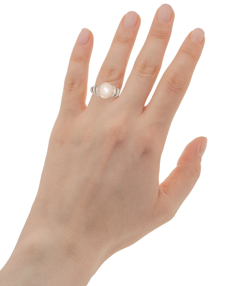 Cultured Freshwater Pearl (10mm) & Cubic Zirconia Swirl Coil Ring Sterling Silver