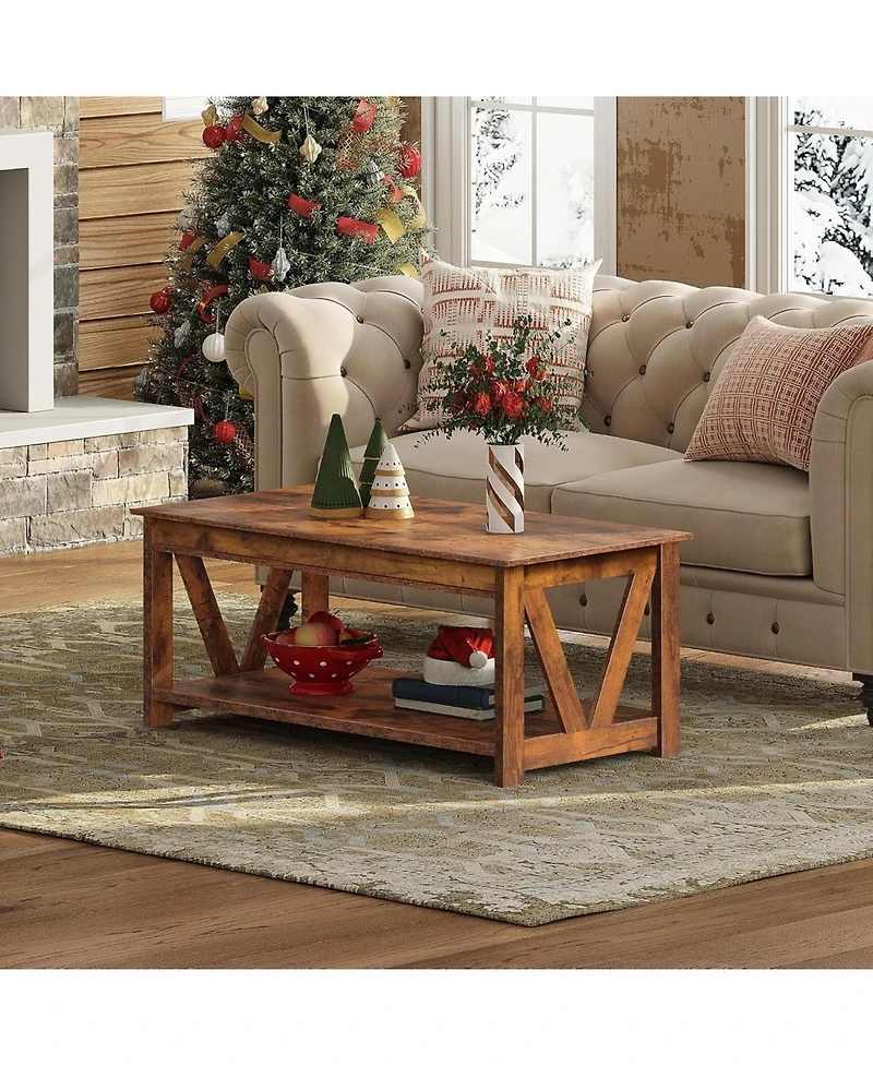 Wlive Farmhouse Coffee Table,Living Room Table with Storage,43 in Wood Center Table with V-Shaped Frame for Home Office,Apartment,Rustic Brown