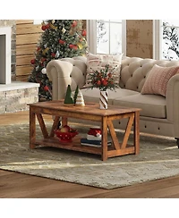 Wlive Farmhouse Coffee Table,Living Room Table with Storage,43 in Wood Center Table with V-Shaped Frame for Home Office,Apartment,Rustic Brown